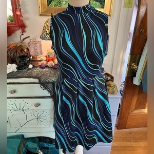 Kalijati Fit and Flare Dress L Black Blue Swirl Stretch Dressy Business VGUC